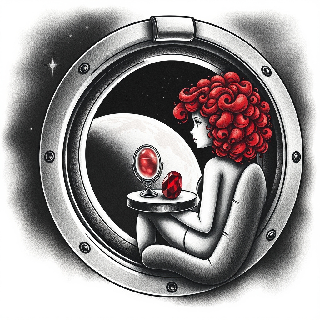 A tattoo design of Black and grey style. Redhead girl with curly hair sitting in a small space capsule alone. Floating through space with nothing to keep her company but a thing red ruby which she keeps on the small table by the porthole window. They are both sitting by the window peering out on an unknown planet. in the style of surrealistic. - space travel tattoo design generated by AI tattoo generator