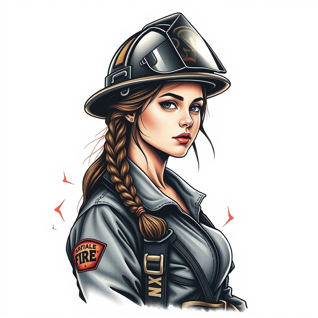A tattoo design of A female firefighter in the style of realistic. - firefighter tattoo design generated by AI tattoo generator