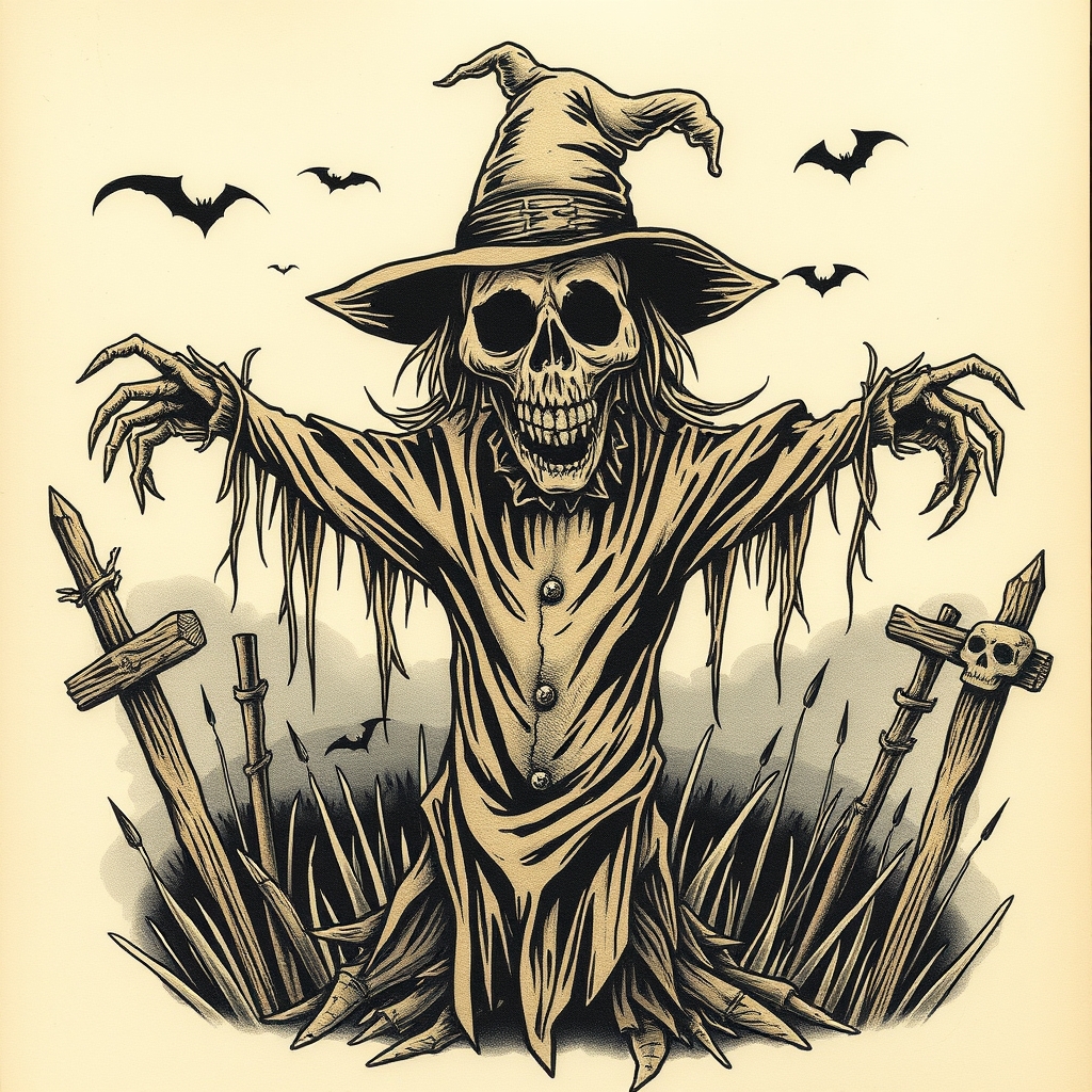 A tattoo design of Jeepers creepers scarecrow scary in the style of surrealistic. - horror movie tattoo design generated by AI tattoo generator
