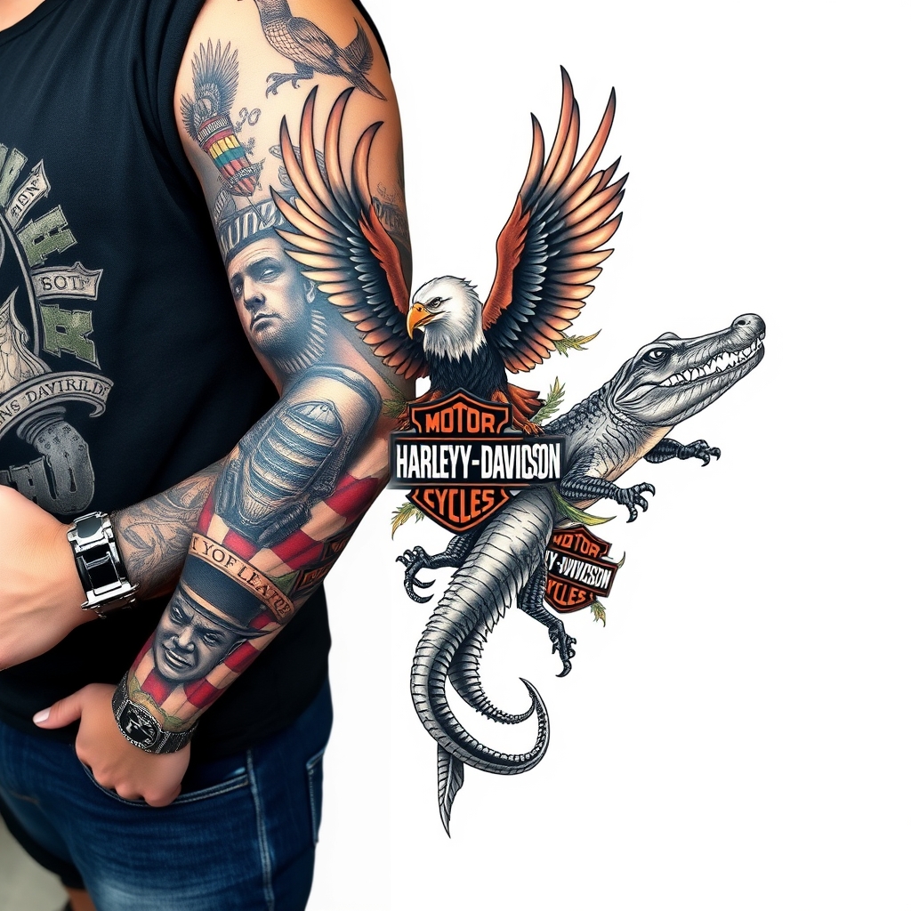A tattoo design of Right arm full sleeve with Harley Davidson theme with eagles mixed with Florida swamp theme with american alligators in the style of realistic. - motorcycles wildlife tattoo design generated by AI tattoo generator