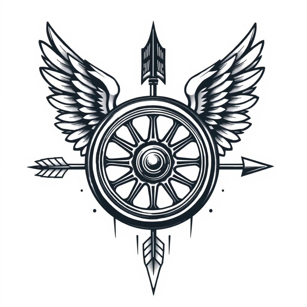 A tattoo design of motor unit winged wheel with arrow in the style of realistic. - motorcycle emblem tattoo design generated by AI tattoo generator