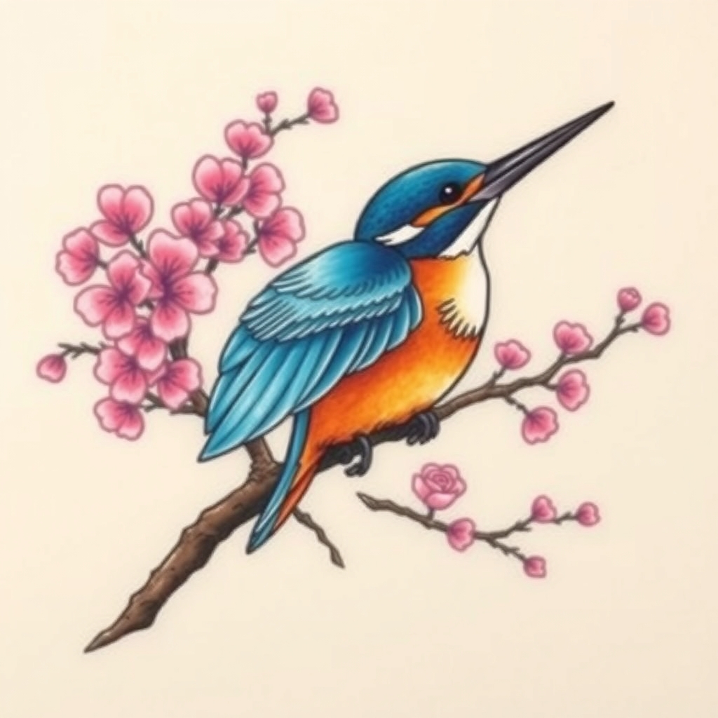 A tattoo design of blue and orange kingfisher in flight with pink cherry blossom tree in the style of japanese. - birds and flowers tattoo design generated by AI tattoo generator