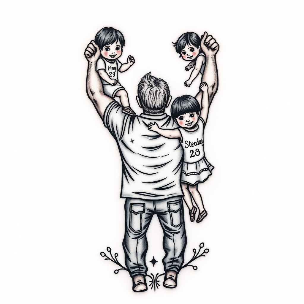 A tattoo design of A father lifting his 3 kids showing their birthdays in the style of traditional. - family scene tattoo design generated by AI tattoo generator