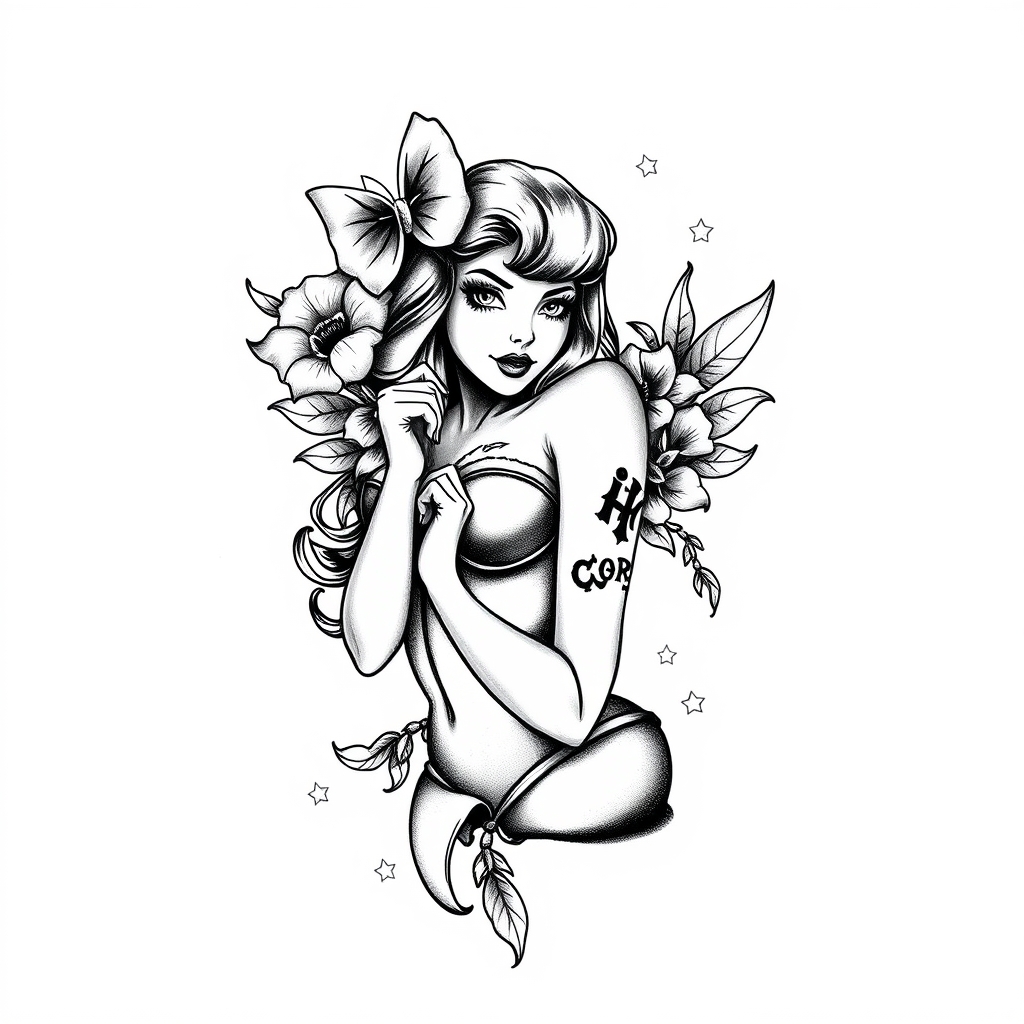 A tattoo design of ancor pinup girl tattoo on white background in the style of blackwork. - pin up girl tattoo design generated by AI tattoo generator