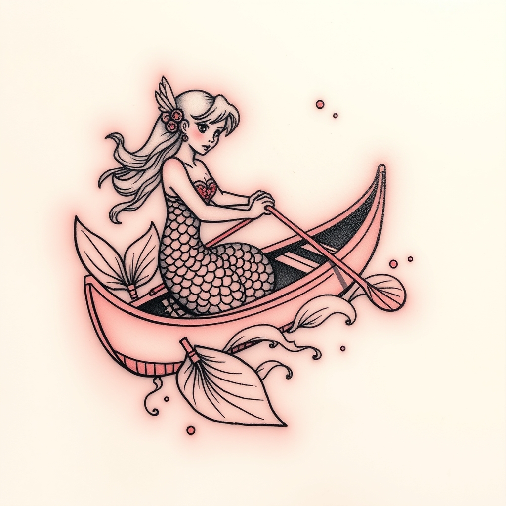 A tattoo design of S mermaid ext to a canoe in the style of japanese. - ocean creature tattoo design generated by AI tattoo generator