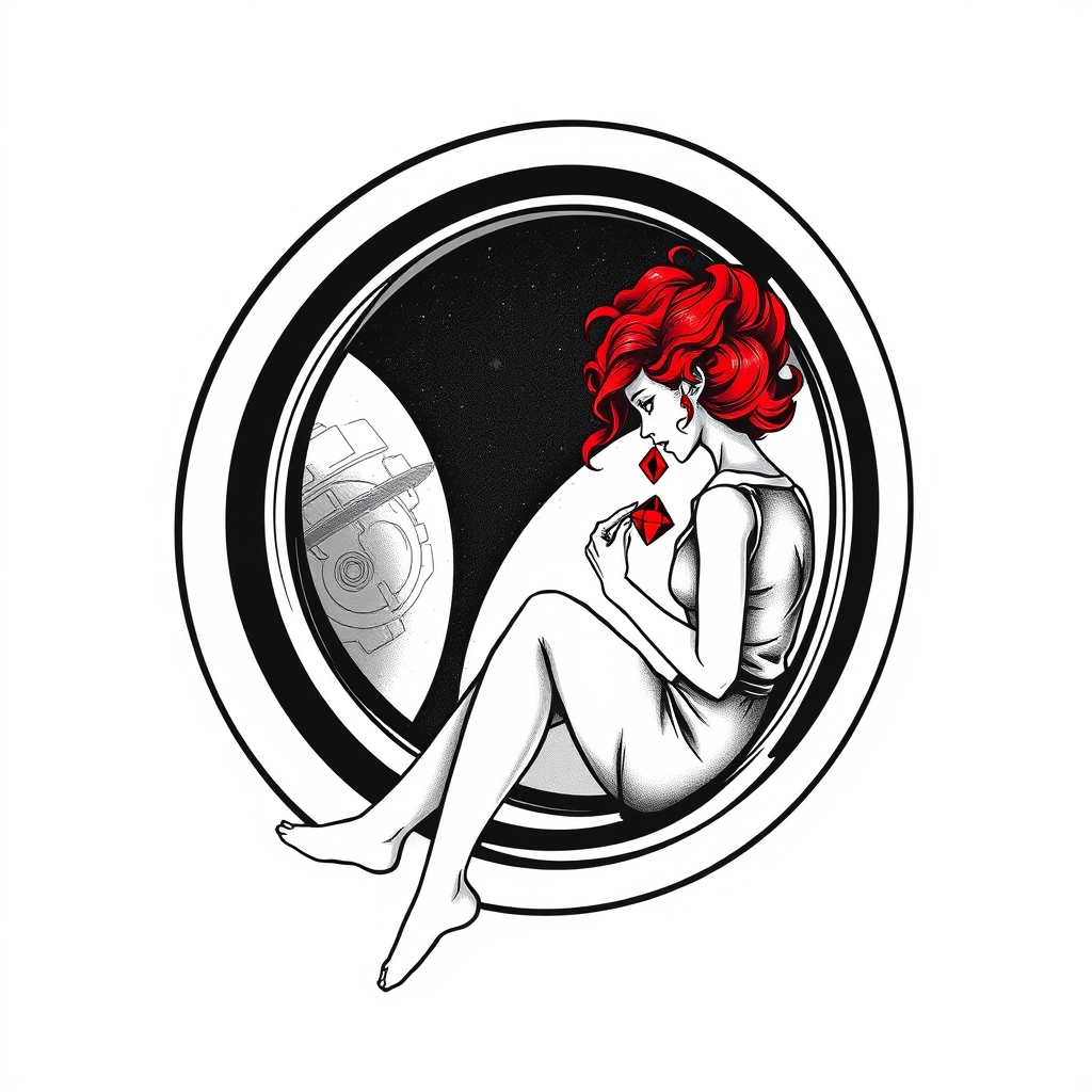 A tattoo design of Black and grey style. Curious redhead woman in romper with curly hair sitting in a small space capsule alone, facing the window. Floating through space with nothing to keep her company but a shining red ruby which she holds close by the porthole window. They are both sitting by the window peering out on an unknown planet. in the style of abstract. - space exploration tattoo design generated by AI tattoo generator