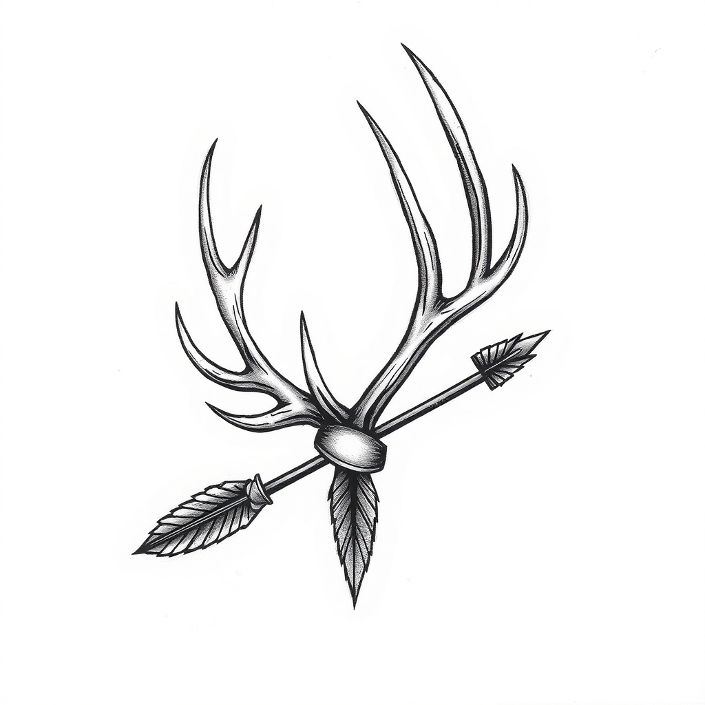 A tattoo design of 1 elk antler wrapped around 1 arrow in the style of realistic. - wildlife hunting tattoo design generated by AI tattoo generator
