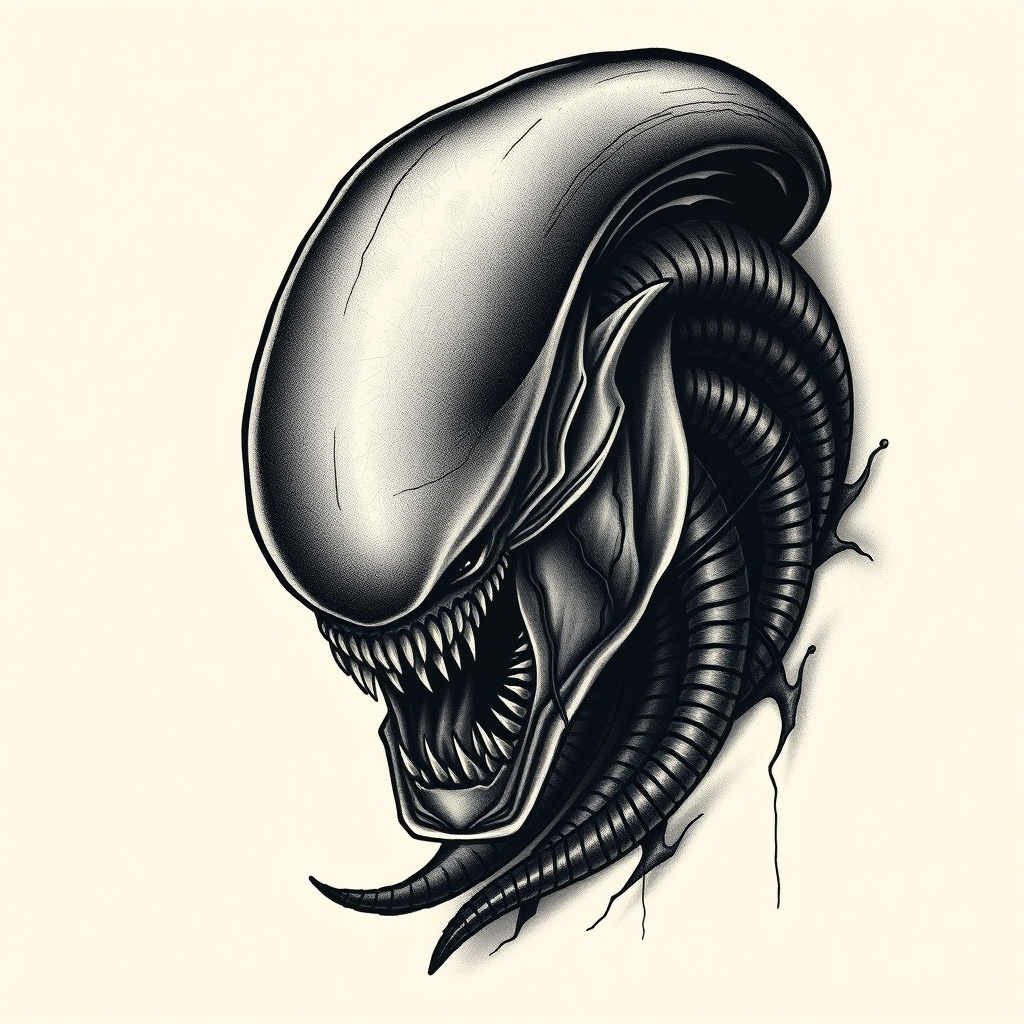 A tattoo design of Xenomorph head realistic and extra shading in the style of surrealistic. - sci-fi creature tattoo design generated by AI tattoo generator