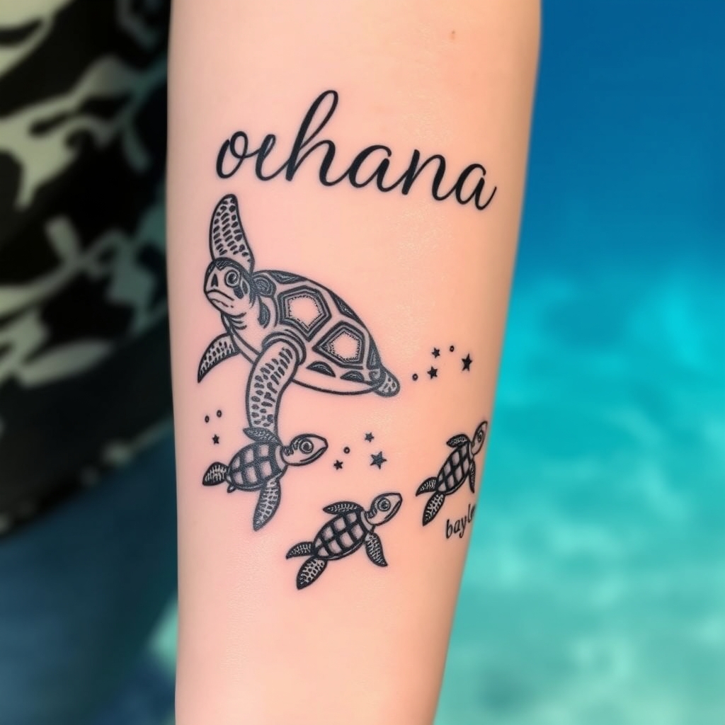 A tattoo design of A momma sea turtle swimming toward the word ohana with 3 baby sea turtles following behind in a stream of water with the names Ana Logan and baylee by the baby sea turtles. The baby sea turtles looking like Finding Nemo sea turtles tattoo for forearm  in the style of blackwork. - sea turtles tattoo design generated by AI tattoo generator