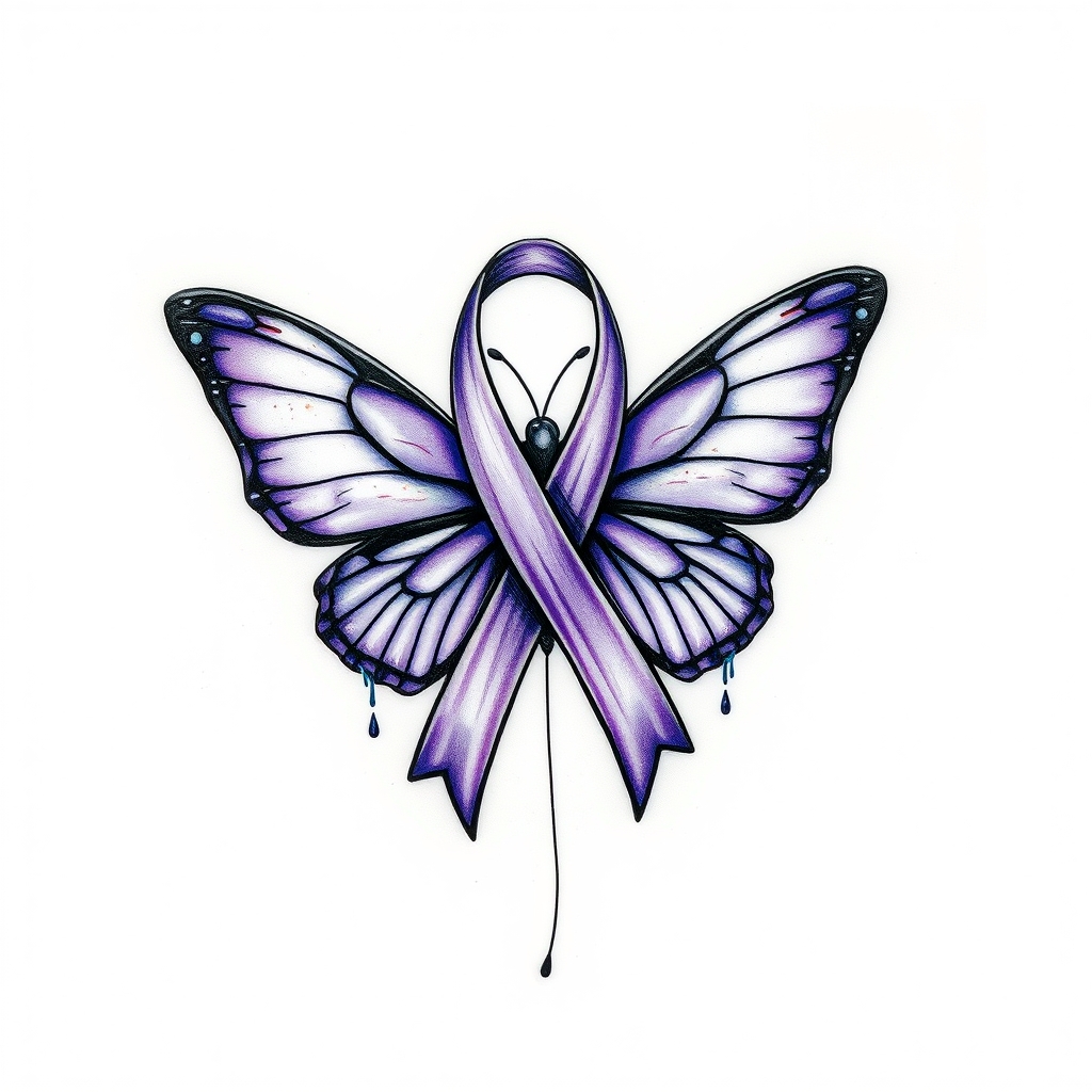 A tattoo design of  crying with the domestic awareness ribbon with a purple butterfly entwined together in the style of abstract. - mental health awareness tattoo design generated by AI tattoo generator