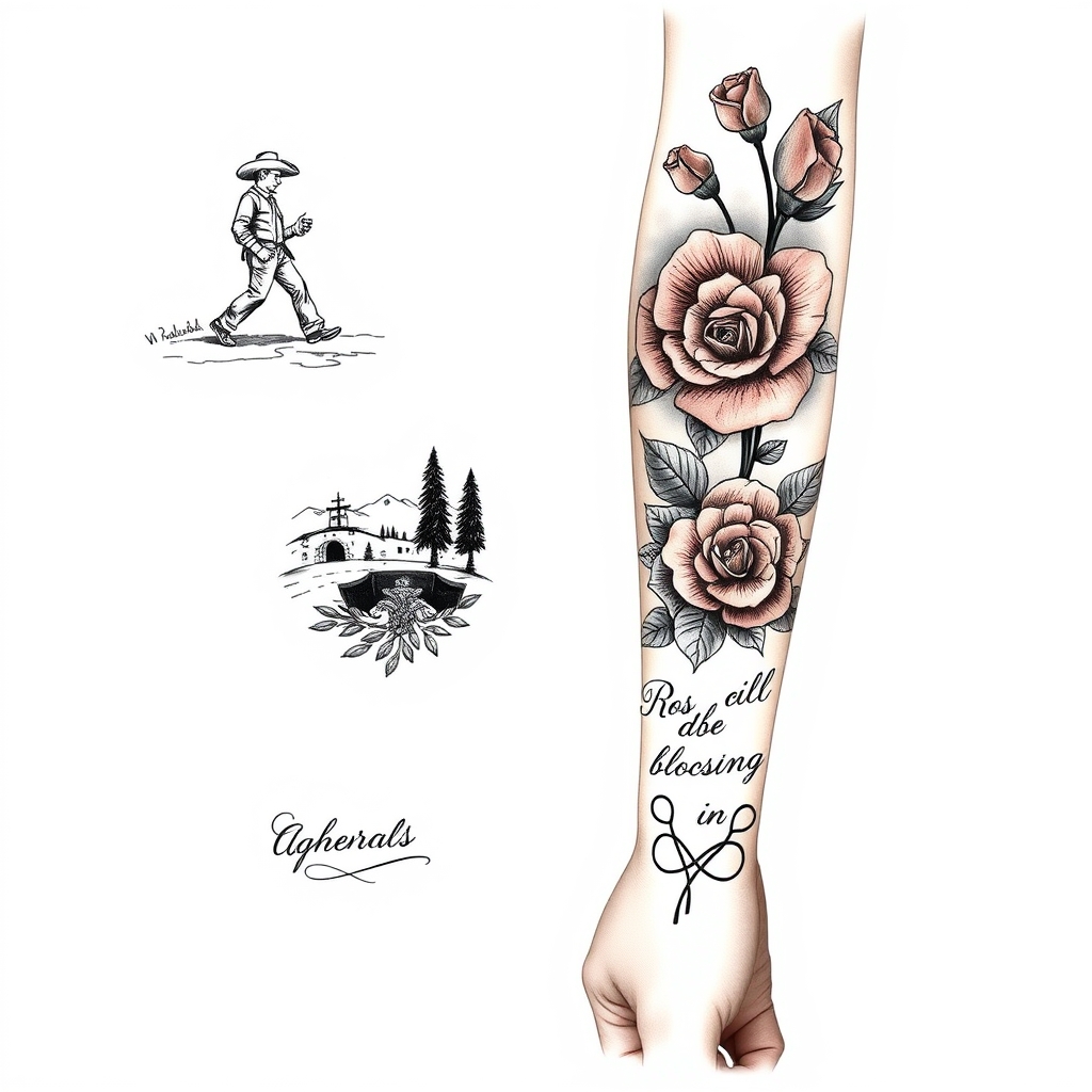 A tattoo design of [ Cowboy Sketch at Shoulder ]         ↓ [ Dad on Trail ⇒ Dust & Vine Start ]         ↓ [ Where’s Waldo mini-scene around Elbow ]         ↓ [ Roses bloom along Forearm ]         ↓ [ Final knot/quote at Wrist ] in the style of realistic. - tattoo designs tattoo design generated by AI tattoo generator