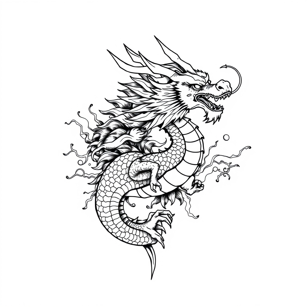A tattoo design of “Highly detailed black and white line art of [dragon scene], no color, no shading, no grayscale, just clean bold tattoo-style linework. Outer lines thick, inner lines varied for detail. Composition includes [layered elements]. In the style of traditional tattoo flash or etching. Centered. White background.” in the style of abstract. - mythical creatures tattoo design generated by AI tattoo generator
