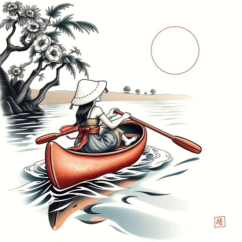A tattoo design of Woman paddling a canoe down the nile river in the style of japanese. - outdoor adventure tattoo design generated by AI tattoo generator