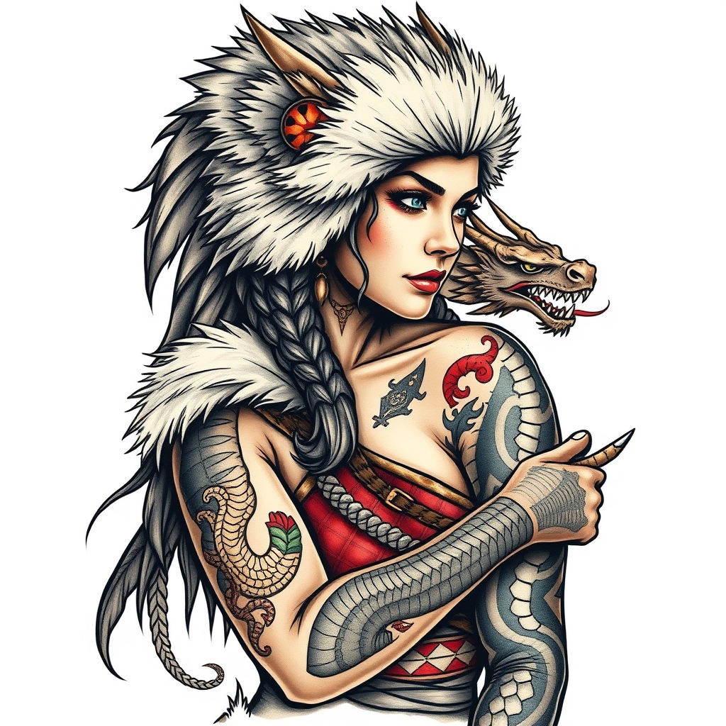 A tattoo design of Pin up fur covered northern warrior goddess with a dragon tattoo wrapped around her left arm full body in the style of realistic. - mythical warrior tattoo design generated by AI tattoo generator