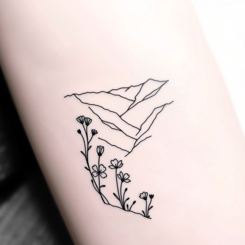 A tattoo design of A deep valley with flowers growing in between. A black and white fine line tattoo in the style of minimalist. - landscape nature tattoo design generated by AI tattoo generator