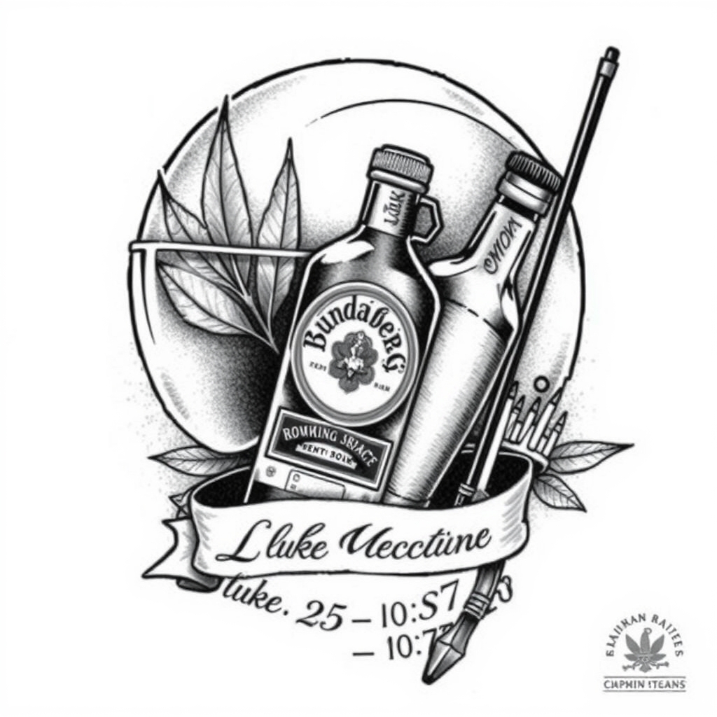 A tattoo design of A motorcycle helmet with a weed leaf, Bundaberg rum bottle and a fishing rod incorporatedinto the wrap of the helmet. I want the tatto black and grey with a dash of colour on the rum bottle. A tribute saying Luke 25.01.85 - 03.07.20 in the style of blackwork. - memorial tribute tattoo design generated by AI tattoo generator