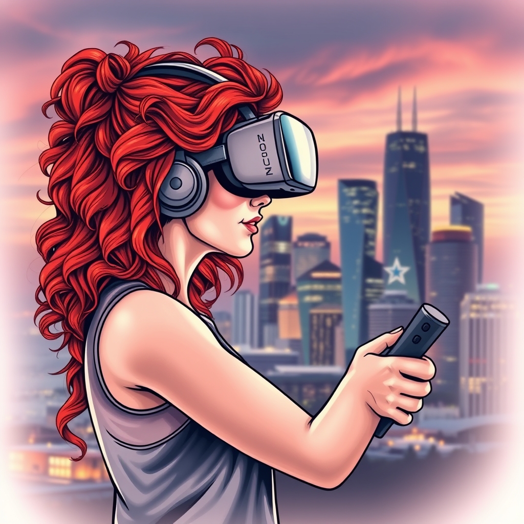 A tattoo design of Redhead girl with curly hair playing vr with s Houston Texas skyline in the background in the style of realistic. - virtual reality tattoo design generated by AI tattoo generator