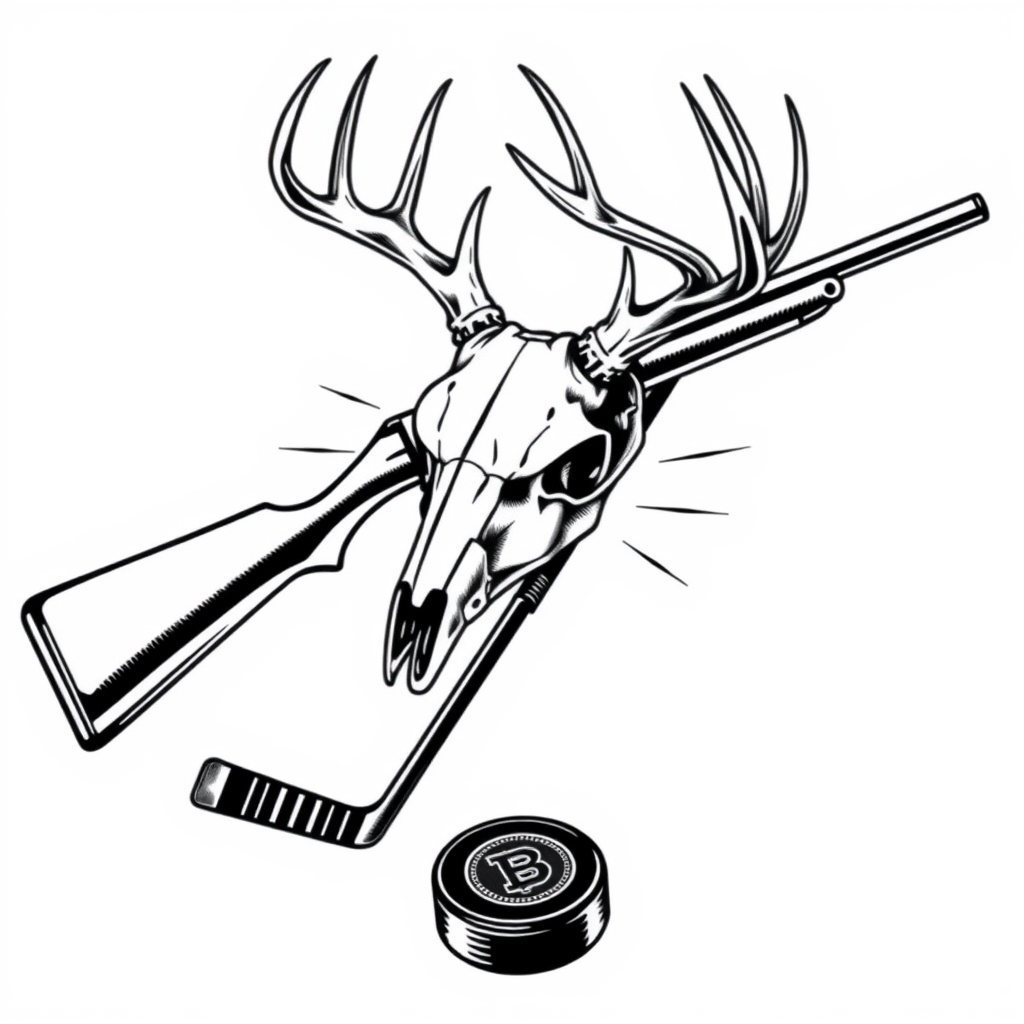 A tattoo design of a deer skull on top of the x of a lever action rifle and a hockey stick all blackout with with a white background with a hockey puck on the bottom of the x in the style of realistic. - hunting sports tattoo design generated by AI tattoo generator