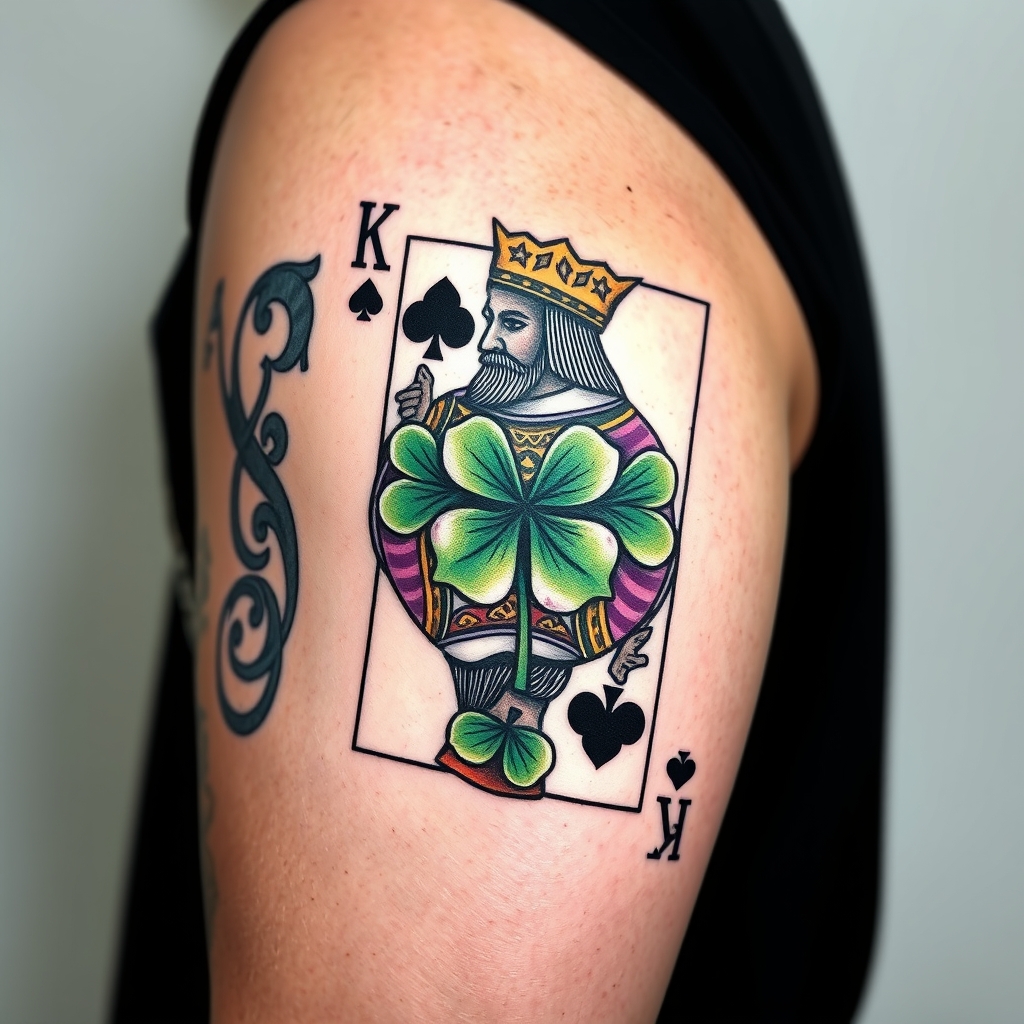A tattoo design of I would like a 3 dimensional photo realistic playing card, an African American king of 4 leaf clovers, with black, green, and purple ink, maybe some white ink for highlighting. NO red ink. in the style of japanese. - playing card tattoo design generated by AI tattoo generator