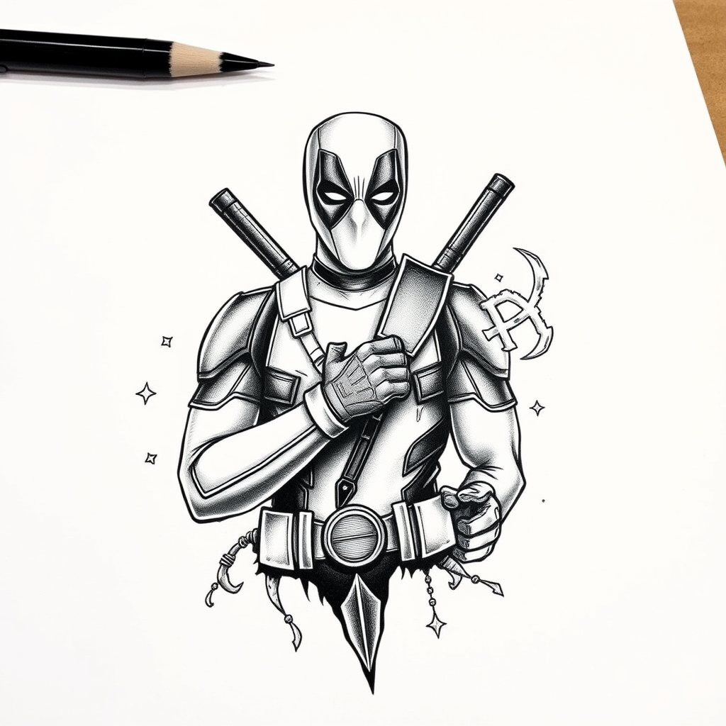 A tattoo design of Deadpool finishing tattooing the D, Oz and Kyle  in the style of blackwork. - superhero characters tattoo design generated by AI tattoo generator