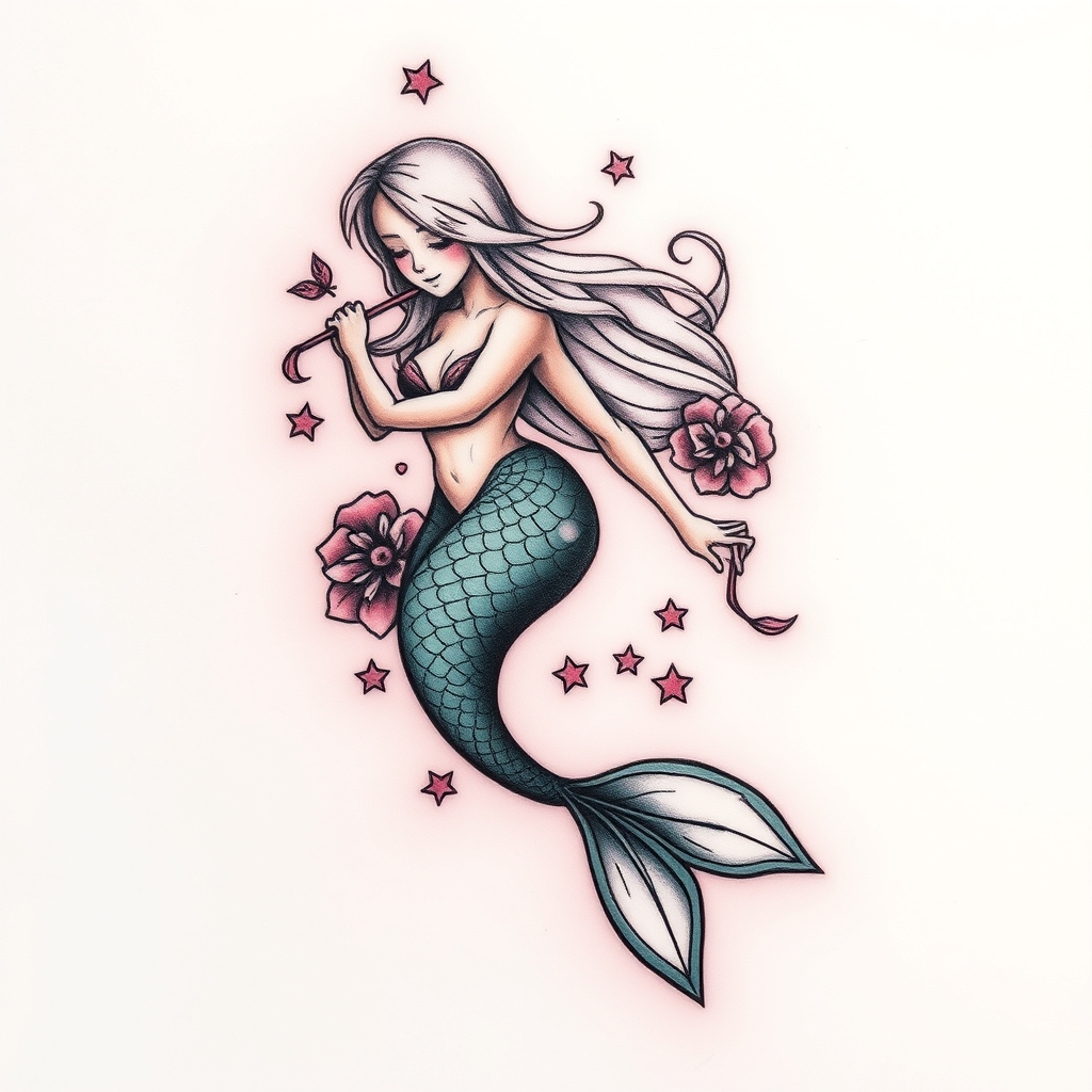 A tattoo design of mermaid in the style of realistic. - i'm ready when you are. what's the tattoo description? tattoo design generated by AI tattoo generator