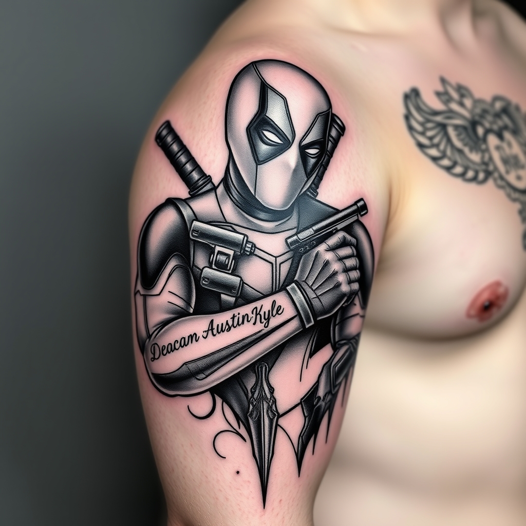 A tattoo design of Top half sleeve black and grey tattoo of deadpool holding a tattoo gun and tattooing the names Deacan Austin and Kyle directly on to the arm in the style of blackwork. - comic book character tattoo design generated by AI tattoo generator
