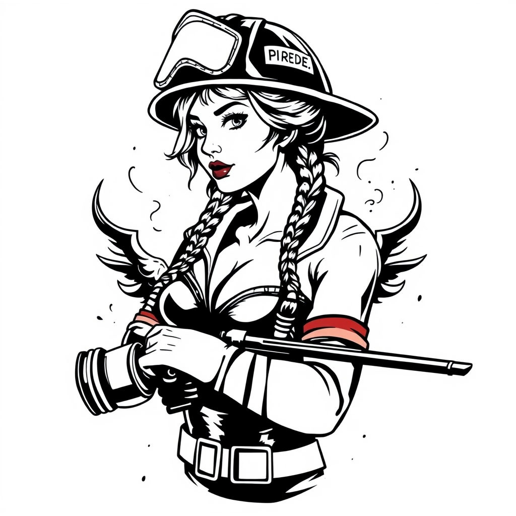A tattoo design of Firefighter girl pinup  in the style of blackwork. - pinup girl tattoo design generated by AI tattoo generator
