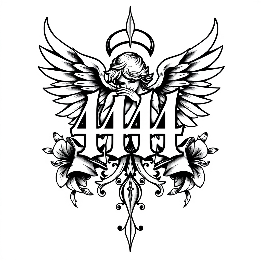 A tattoo design of angel with the number 444 in the style of blackwork. - angel with numbers tattoo design generated by AI tattoo generator