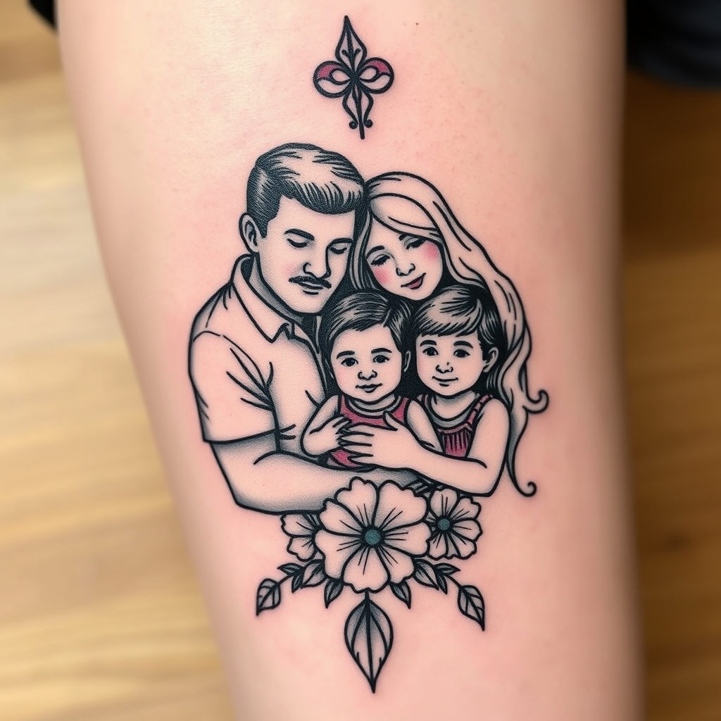 A tattoo design of Family in the style of realistic. - i'm ready when you are. what's the tattoo description? tattoo design generated by AI tattoo generator