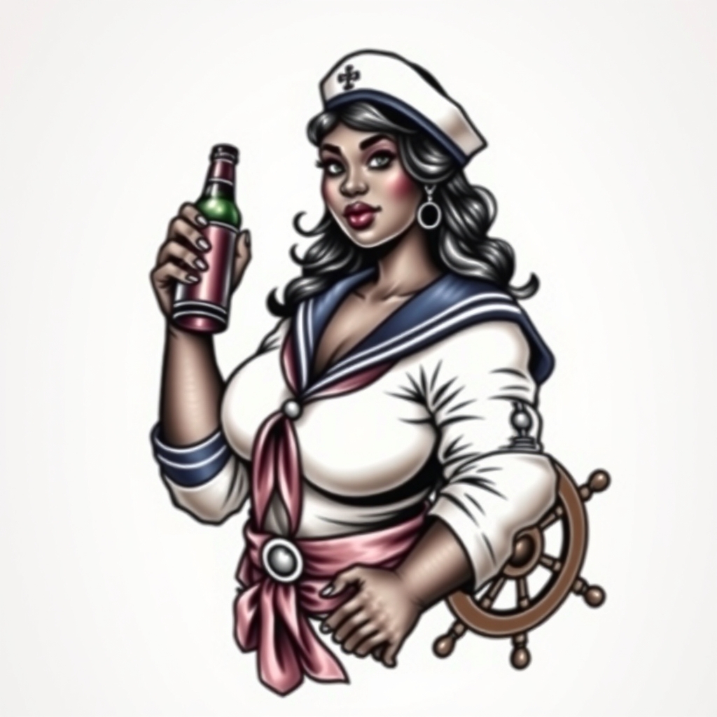 A tattoo design of A fat dark black woman in a sailor outfit with a beer bottle and ships wheel sailor jerry style in the style of traditional. - sailor jerry art tattoo design generated by AI tattoo generator