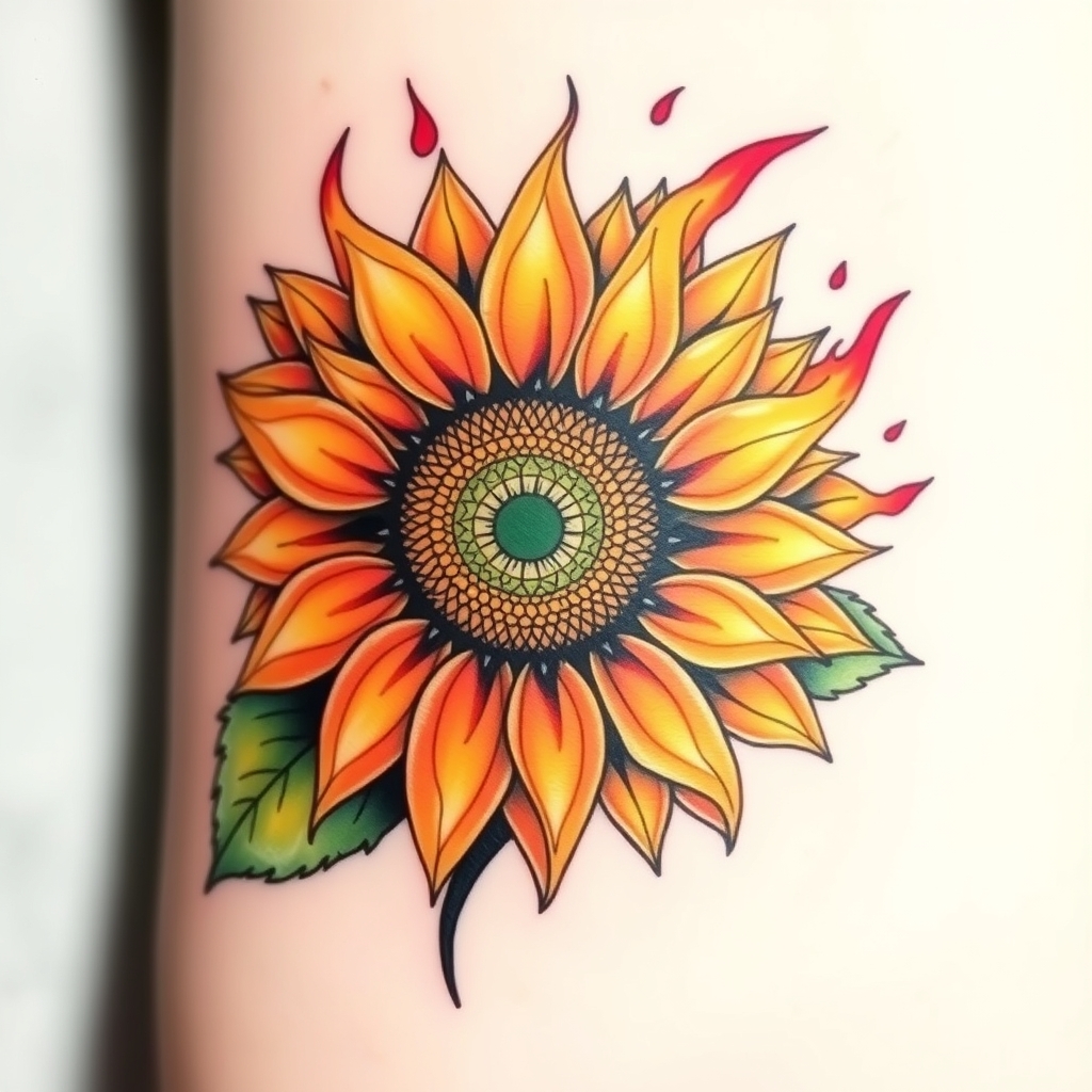 A tattoo design of Sunflower but with flames for petals in the style of watercolor. - flowers tattoo design generated by AI tattoo generator