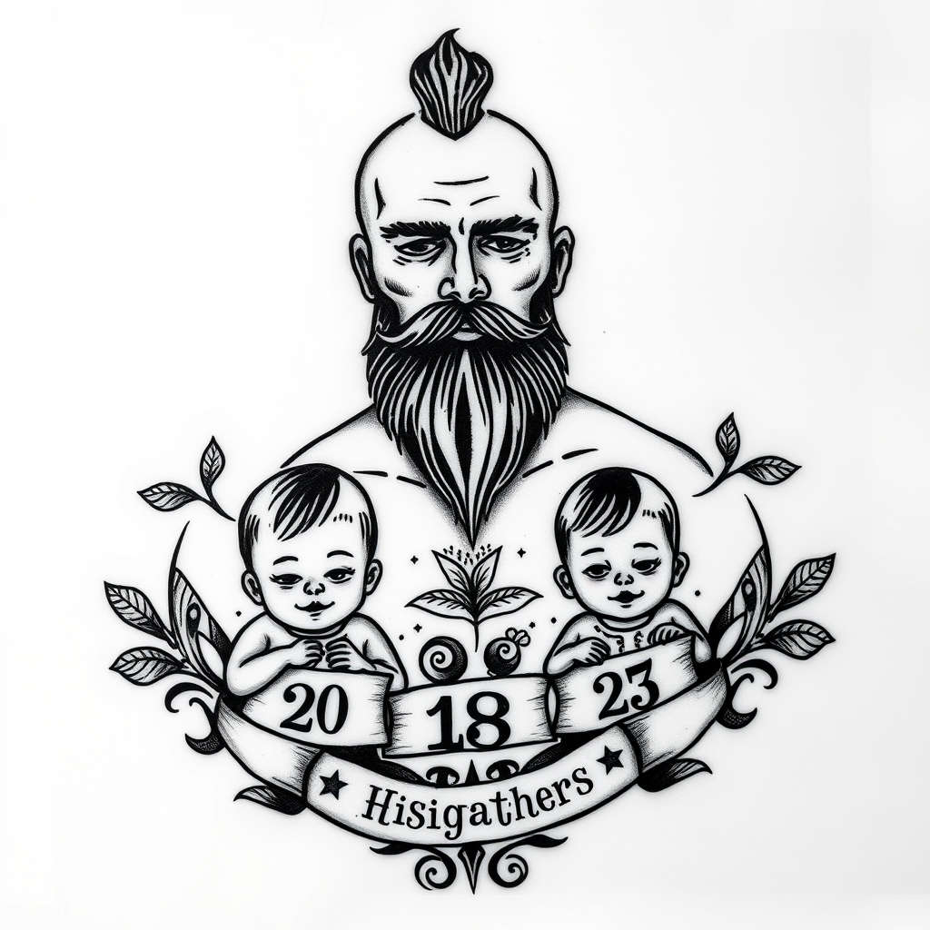 A tattoo design of A father with a goatee protecting his 3 kids showing their birthdays in the style of blackwork. - family portrait tattoo design generated by AI tattoo generator