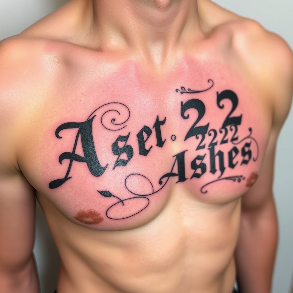 A tattoo design of Words "Ashes 222 Ashes" on left pectoralis in the style of traditional. - text tattoo tattoo design generated by AI tattoo generator