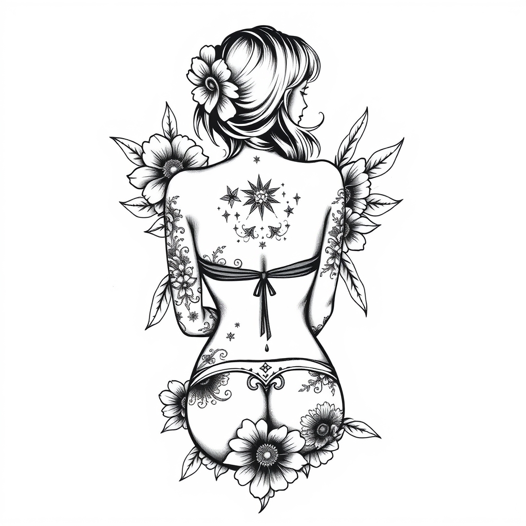 A tattoo design of bikini back girl vintage tattoo on white background in the style of blackwork. - pin up girl tattoo design generated by AI tattoo generator