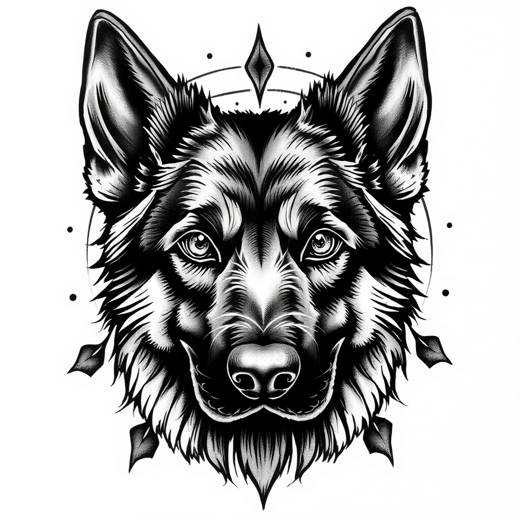 A tattoo design of Raven eyes German shepherd in the style of traditional. - animals tattoo design generated by AI tattoo generator