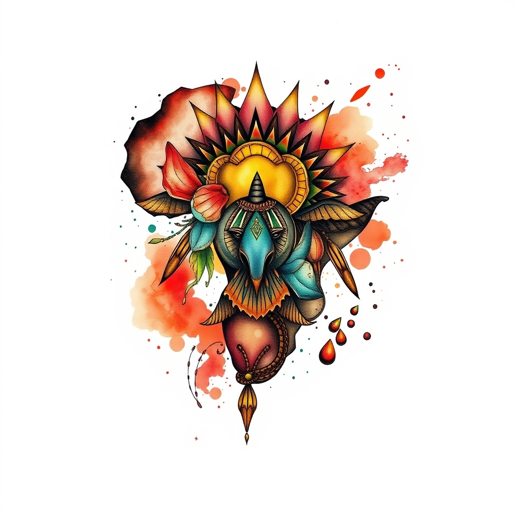A tattoo design of africa in the style of watercolor. - i'm ready to help. what's the tattoo description? tattoo design generated by AI tattoo generator