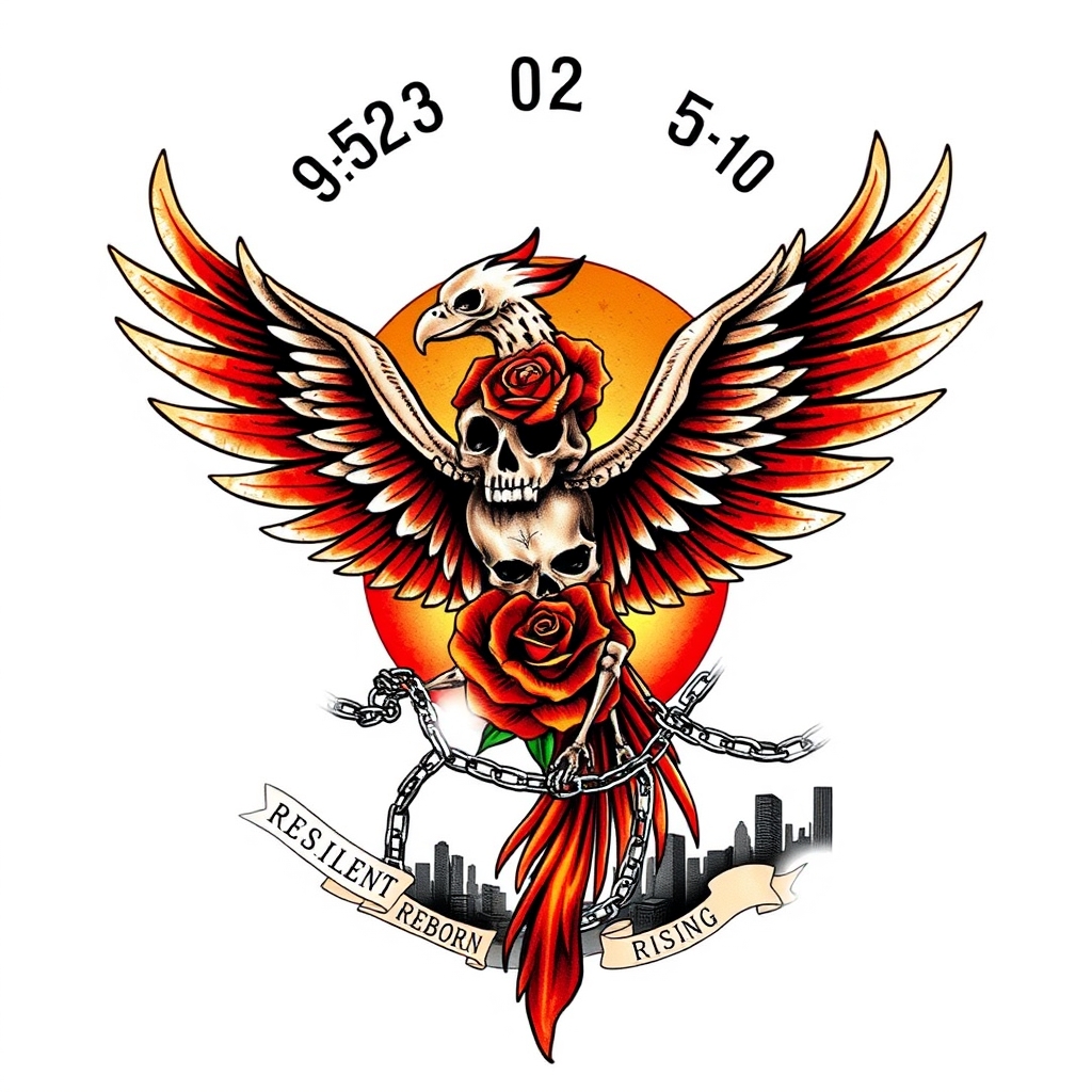 A tattoo design of That's a powerful and deeply symbolic set of themes: Pain, Drugs, Jail, and New Beginnings. Here's a tattoo concept that could visually capture that emotional journey:   ---  🔥 Tattoo Concept: “Phoenix in Chains”  Design Description:  Central Figure: A phoenix in mid-rebirth—its wings rising in flames, partially skeletal, symbolizing pain and rebirth.  Chains: Wrapped around its legs or wings, some broken, representing jail and past restraints.  Background Elements:  A skull morphing into a blooming rose, symbolizing drugs (death) transforming into life (beauty).  A sunrise breaking over a dark city skyline or prison bars, symbolizing new beginnings.   Color Palette:  Reds and oranges for fire and passion.  Dark blues and blacks for the past and struggle.  Golds or whites where new beginnings emerge.    Optional Additions:  Roman numerals or a date to mark the moment of change.  Words like “Resilient”, “Reborn”, or “Still Rising” subtly inked in the background or flame wisps.    ---  Would you like a visual sketch of this design, or would you prefer more minimalist or symbolic variations (like just the broken chains and a sprouting seed)? Let’s make something that truly tells your story.  And if you’re interested in trying this out as a temporary tattoo, check out picturetattoos.com for custom options! in the style of realistic. - phoenix and chains tattoo design generated by AI tattoo generator