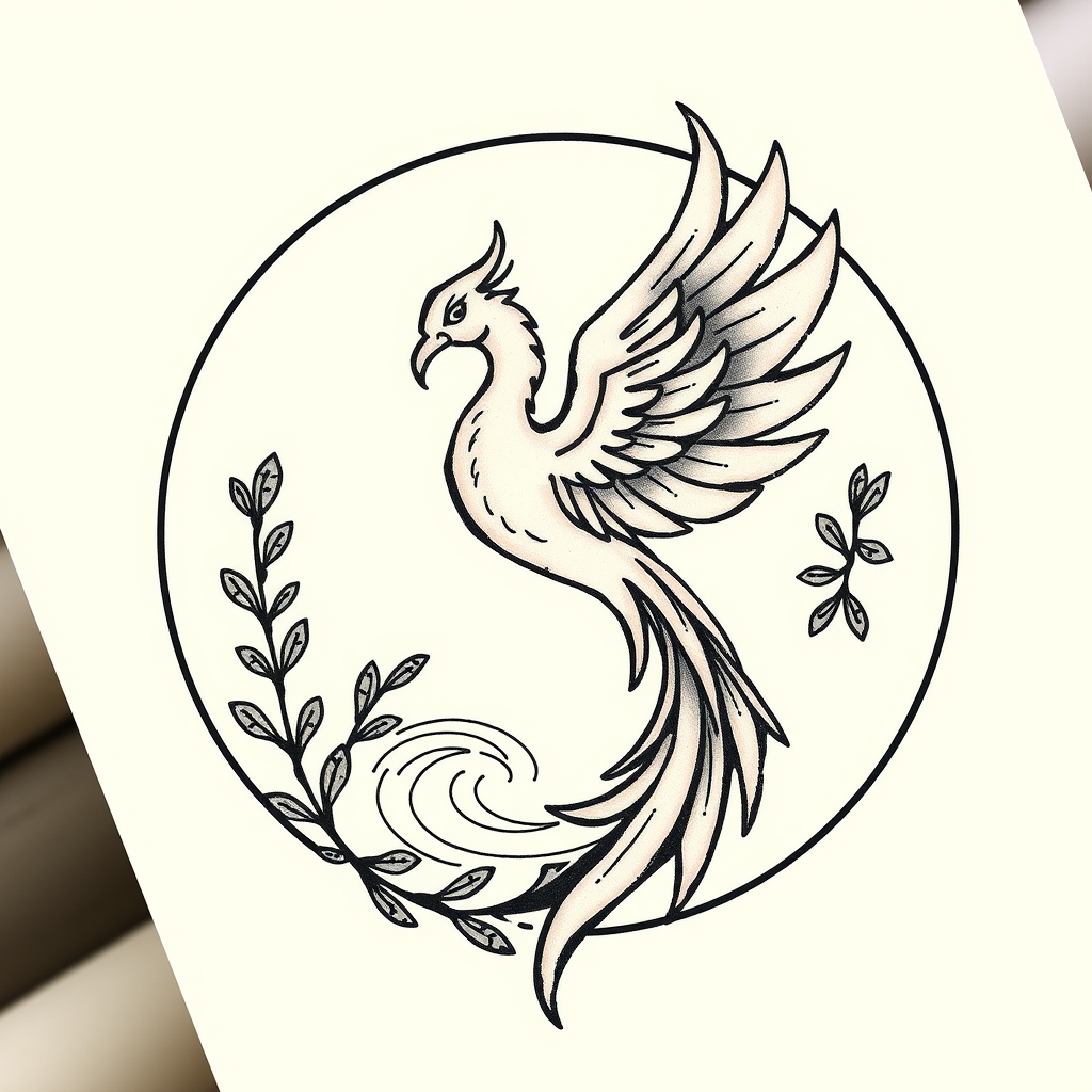 A tattoo design of Phoenix representing transformation and power 🌿 Garland vine adding growth, connection, and organic beauty 🌊 Water ripples symbolizing peace, renewal, and emotional flow 🎨 All unified in a clean, bold-lined circular band — timeless and wearable in the style of tribal. - symbolic circular design tattoo design generated by AI tattoo generator