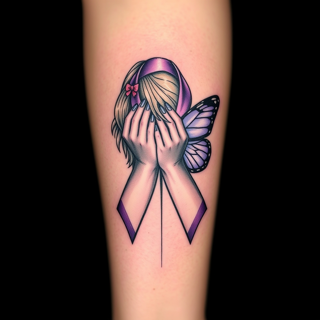 A tattoo design of Domestic violence ribbon awareness inclined together with a purple butterfly as a women hunched over her hands overing her face in the style of geometric. - domestic violence awareness tattoo design generated by AI tattoo generator