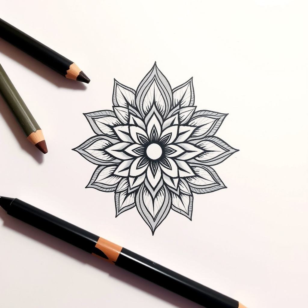 A tattoo design of invente un dessin pour tatouage ,au crayon style mandala visage fleur in the style of minimalist. - mandala design tattoo design generated by AI tattoo generator