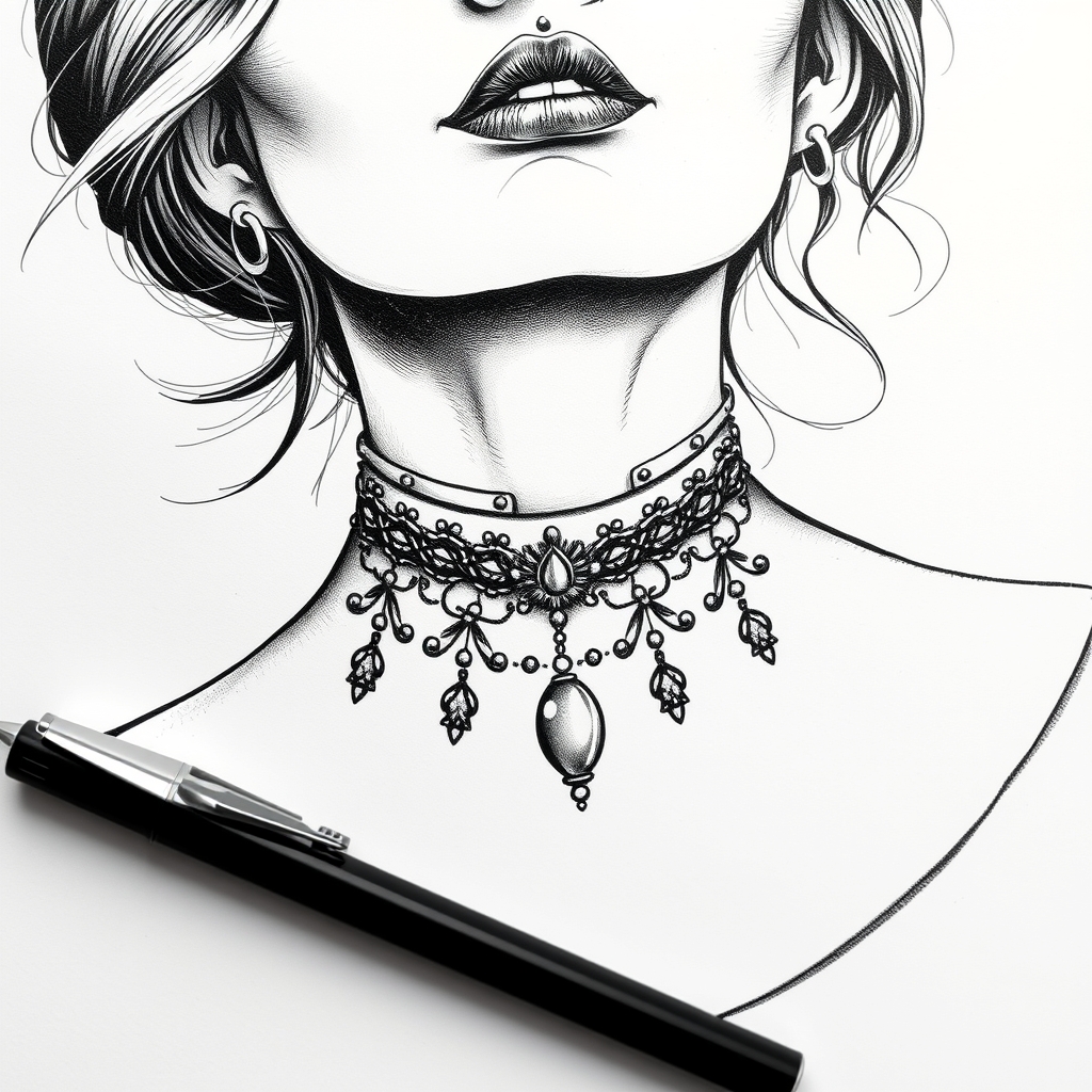 A tattoo design of b/w vintage woman neck chocker on white paper in the style of blackwork. - vintage woman tattoo design generated by AI tattoo generator