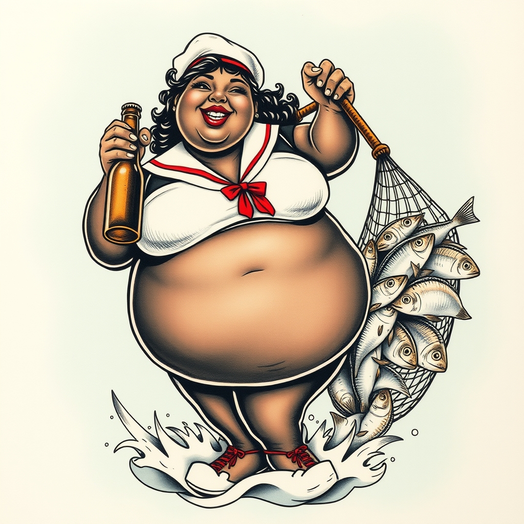 A tattoo design of An obese dark black woman winking with large bottom in a sailor outfit with a beer bottle hauling a net full of fish sailor jerry style in the style of traditional. - sailor jerry style pinup tattoo design generated by AI tattoo generator