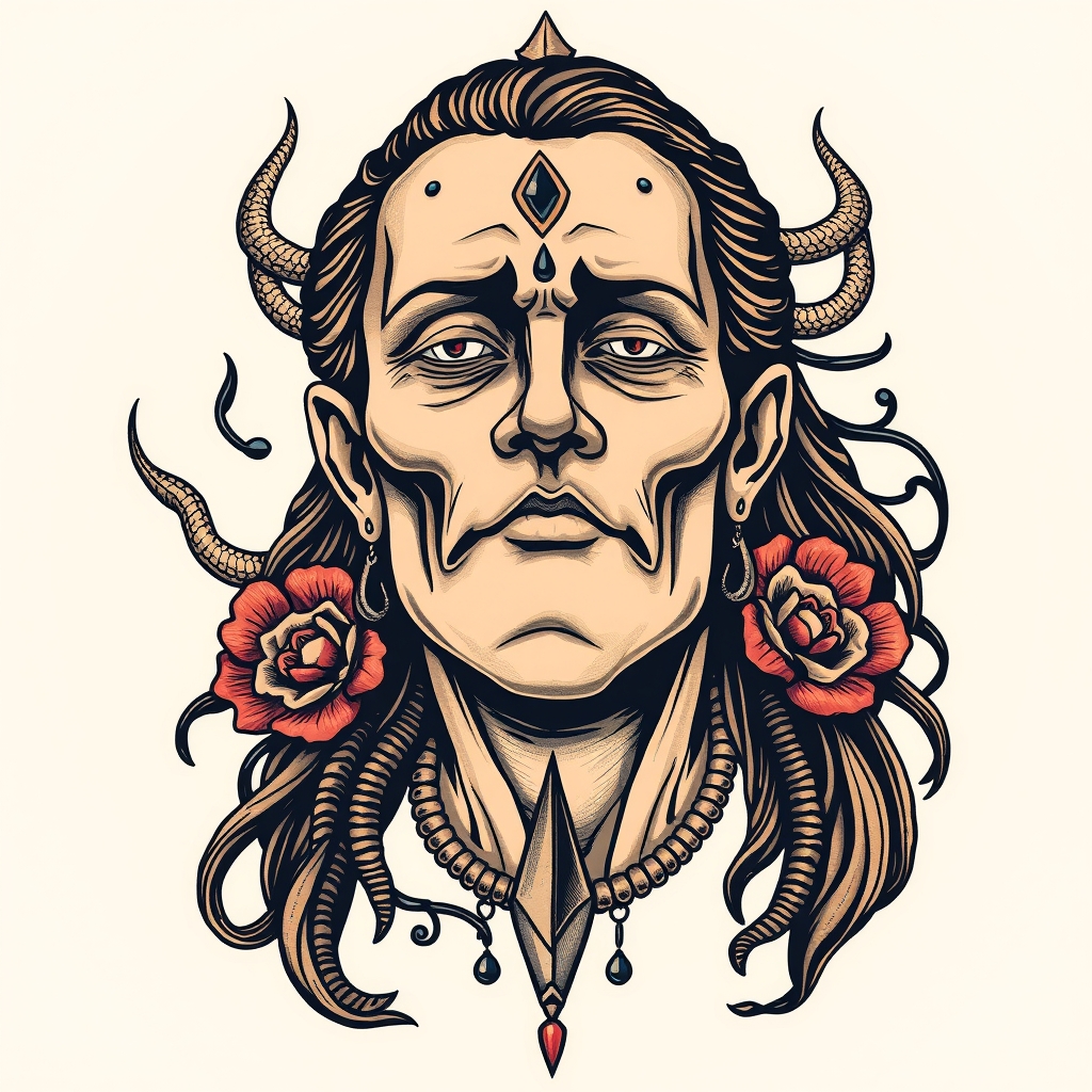A tattoo design of Mhadev in the style of surrealistic. - hindu deity tattoo design generated by AI tattoo generator