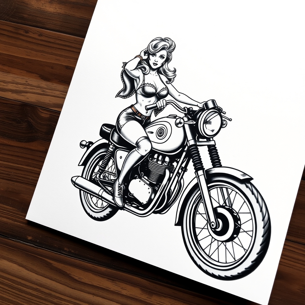 A tattoo design of b/w pinup girl on a vintage motorbike on white paper in the style of realistic. - pinup girl tattoo design generated by AI tattoo generator