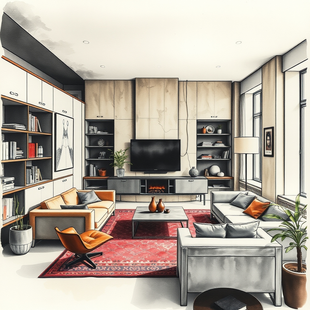A tattoo design of A livingroom,soviet brutalism, by Alessio Albi in the style of watercolor. - soviet brutalism tattoo design generated by AI tattoo generator
