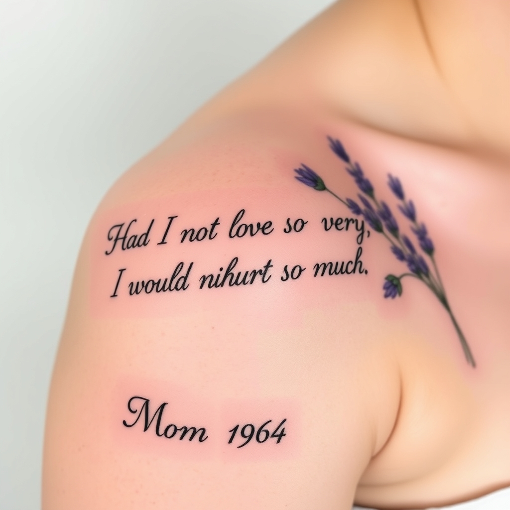 A tattoo design of right shoulder blade tattoo. Lavender with the words Had I not loved so very much, I would not hurt so much in cursive. Mom 1964-2025 underneath in serif  in the style of minimalist. - memorial quote tattoo design generated by AI tattoo generator