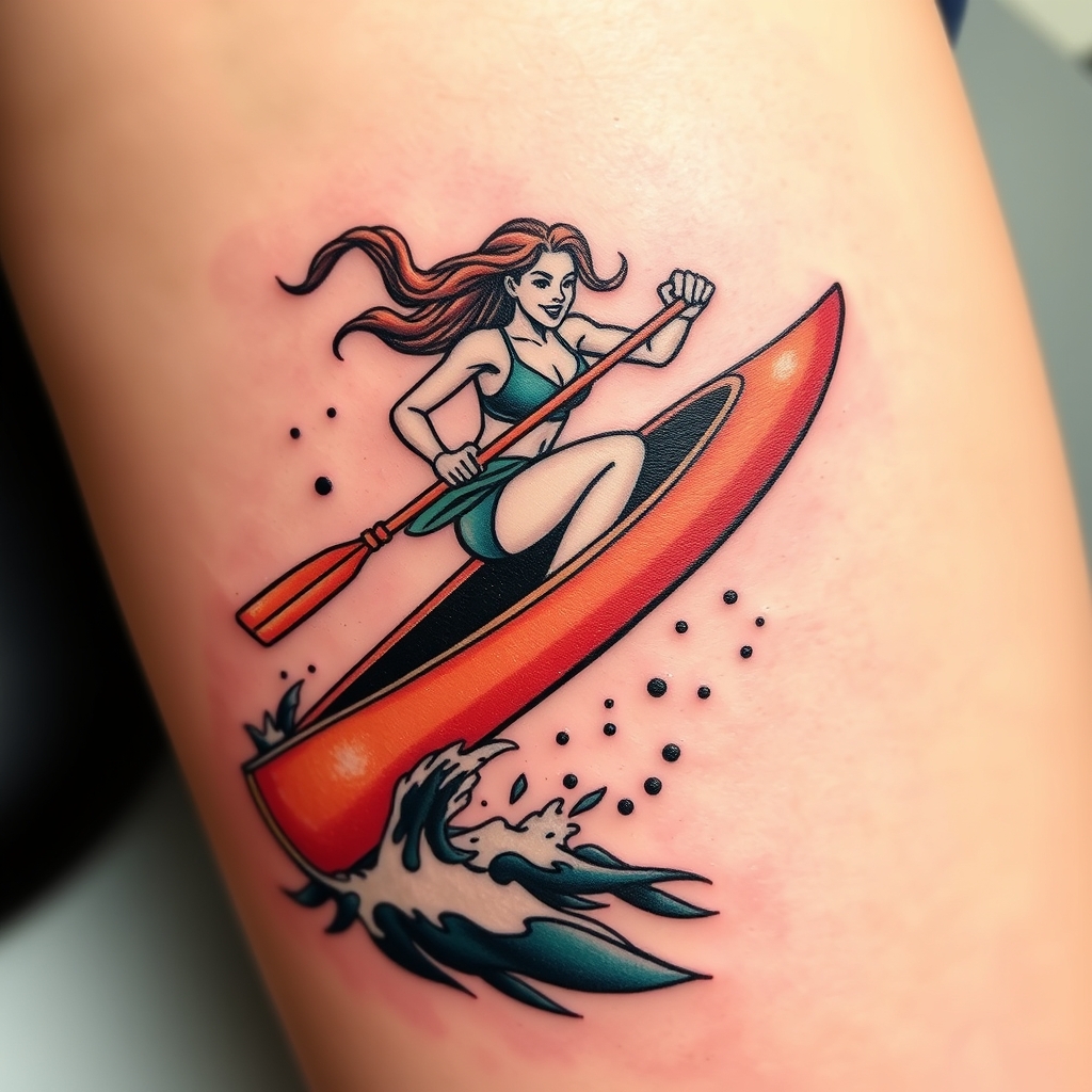 A tattoo design of A strong woman leaping off a canoe into water in the style of abstract. - water sports tattoo design generated by AI tattoo generator