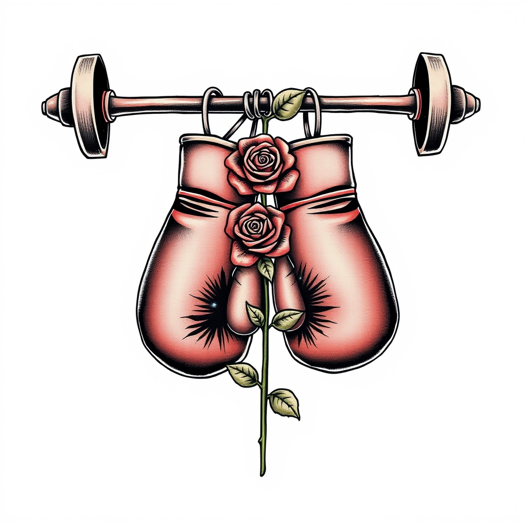 A tattoo design of Pair of boxing gloves hanging on a barbell with a single rose in the style of realistic. - fitness sports tattoo design generated by AI tattoo generator