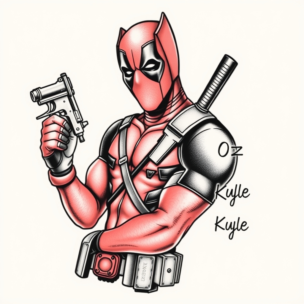 A tattoo design of Deadpool holding a tattooing gun with the names D, Oz and Kyle on a list beside him  in the style of blackwork. - pop culture reference tattoo design generated by AI tattoo generator