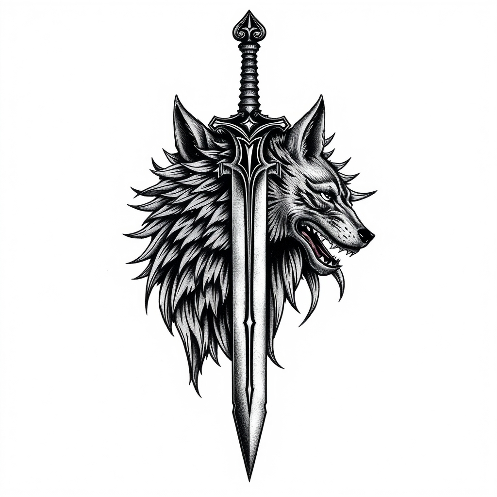 A tattoo design of Knight wolf sword in the style of realistic. - mythical creatures tattoo design generated by AI tattoo generator